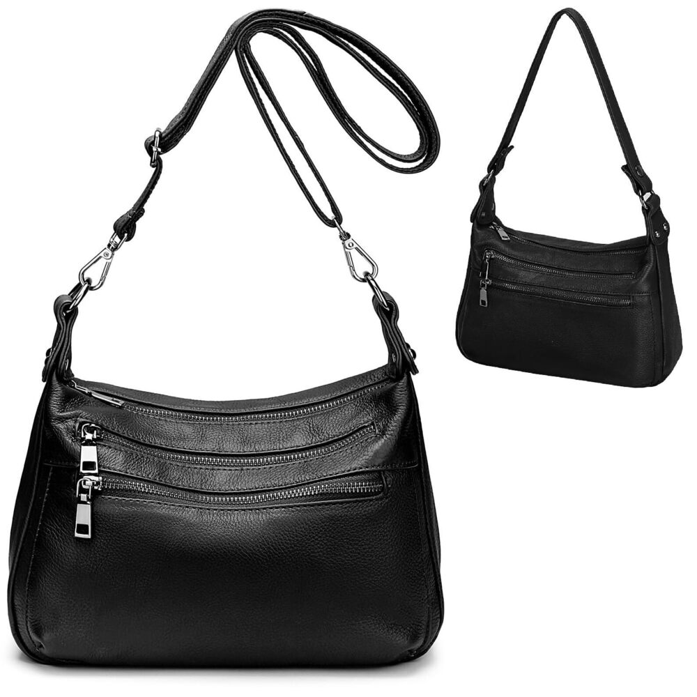 7885 Real Leather Shoulder Bag Medium Size Handbag Purse with Multiple Zip